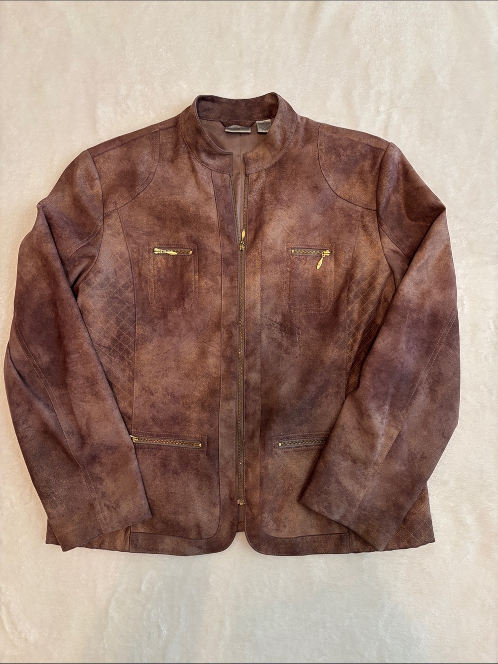 Chico's Brown Faux-Suede Zip Jacket with Gold Hardware